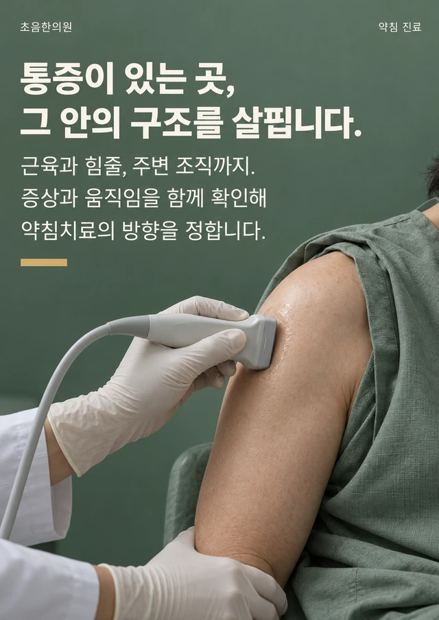 초음한의원 브랜드 포스터: 약침 진료. 통증이 있는 곳, 그 안의 구조를 살핍니다. 근육과 힘줄, 주변 조직까지. 증상과 움직임을 함께 확인해 약침치료의 방향을 정합니다.